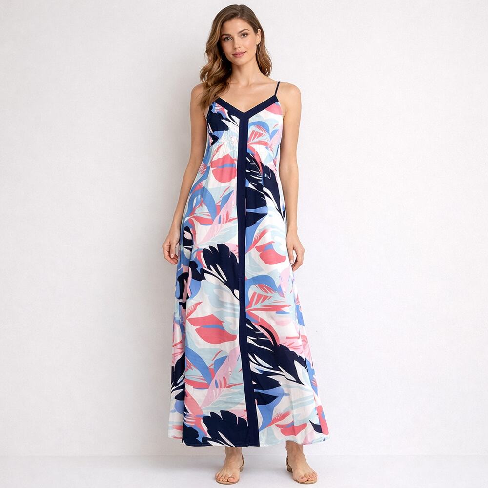 Gibson Leafy Print Sleeveless Pullover Maxi Dress Blue/Pink Petite Small